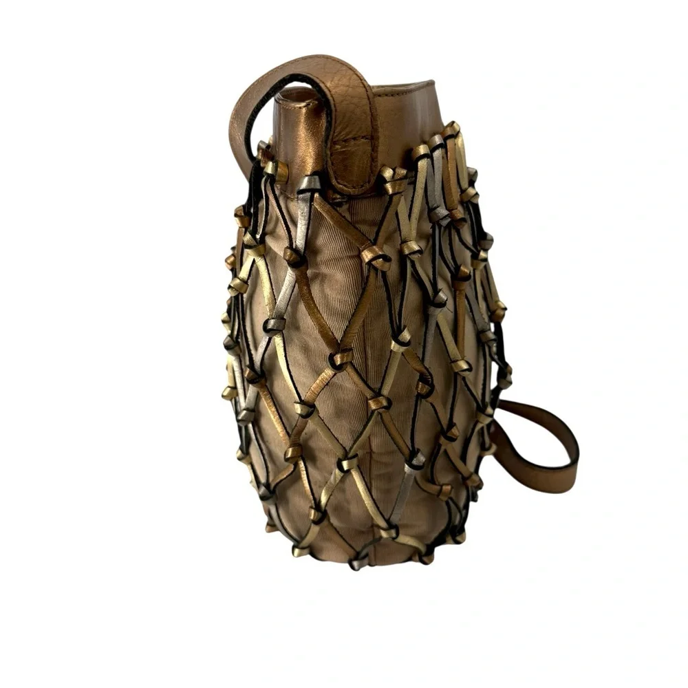 Maripe Genuine Leather Woven Lattice Shoulder Bag Metallic Gold Silver Copper